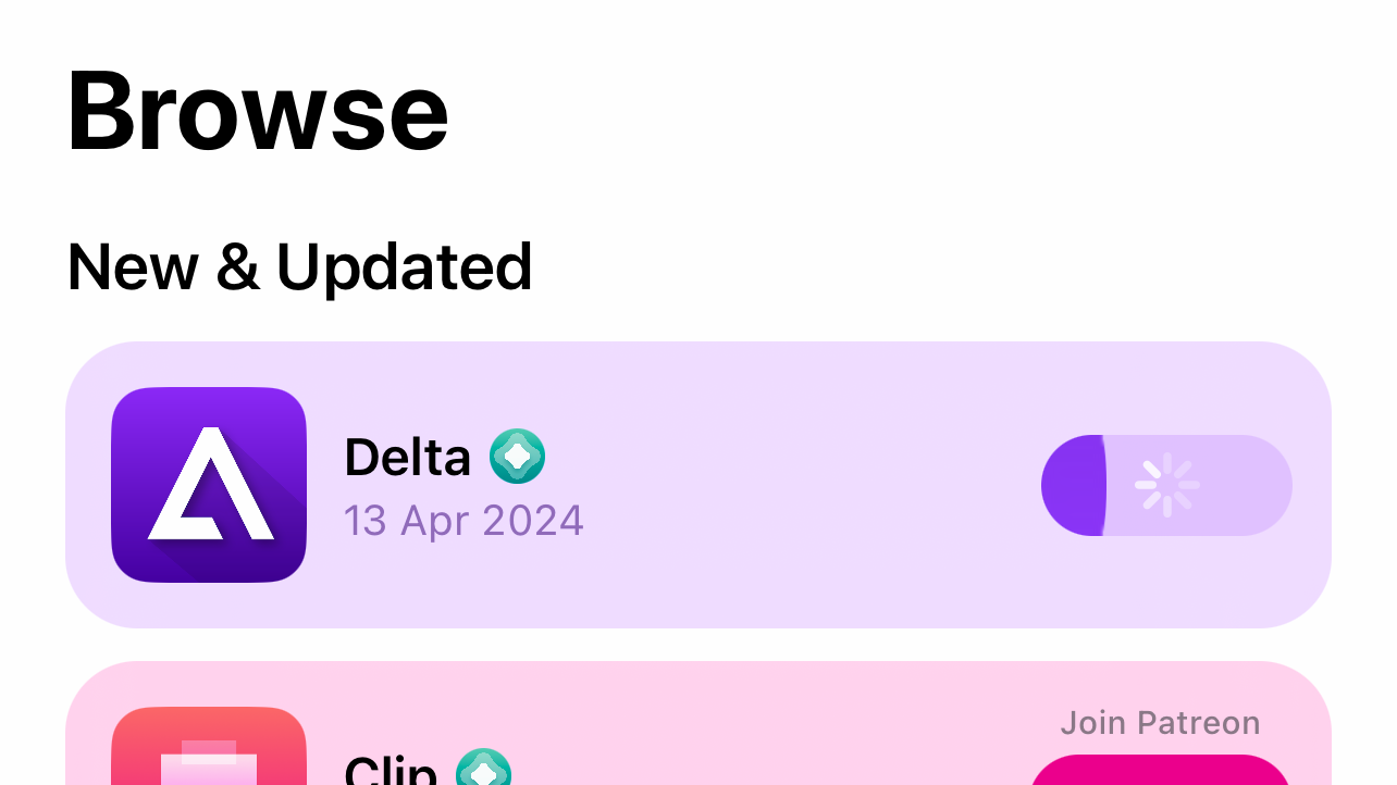 A progress bar appears next to Delta in the AltStore UI, showing that it is being installed.
