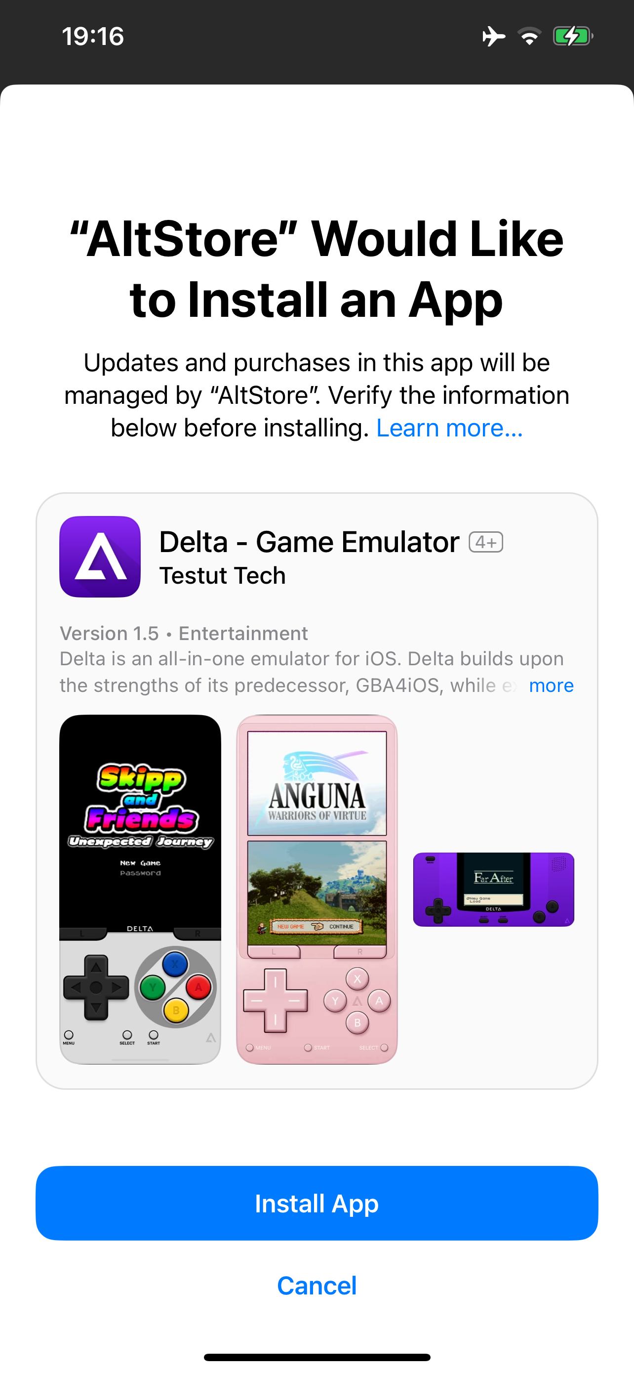 A full-screen prompt in AltStore: “AltStore” Would Like to Install an App Updates and purchases in this app will be managed by “AltStore”. Verify the information below before installing. Learn more… There is then a description and screenshots of the app, followed by buttons: [Install App] with blue background, [Cancel] with neutral blue text