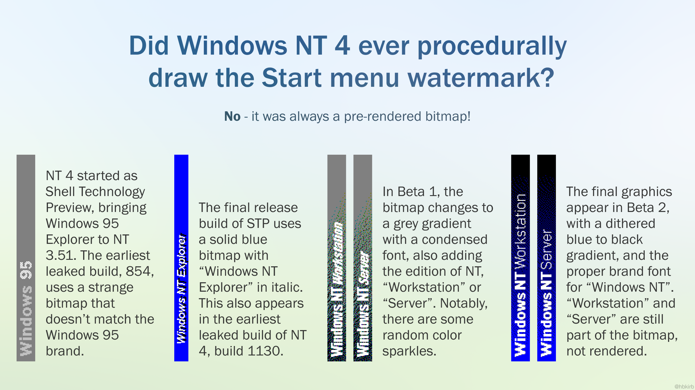 Image displaying the lineage of the Start menu banner in the development of Windows NT 4.0.
Did Windows NT 4 ever procedurally draw the Start menu banner?
No - it was always a pre-rendered bitmap!
NT 4 started as Shell Technology Preview, bringing Windows 95 Explorer to NT 3.51. The earliest leaked build, 854, uses a strange bitmap that doesn’t match the Windows 95 brand.
The final release build of STP uses a solid blue bitmap with “Windows NT Explorer” in italic. This also appears in the earliest leaked build of NT
4, build 1130.
In Beta 1, the bitmap changes to a grey gradient with a condensed font, also adding the edition of NT, “Workstation” or “Server”. Notably, there are some random color sparkles.
The final graphics appear in Beta 2, with a dithered blue to black gradient, and the proper brand font for “Windows NT”. “Workstation” and “Server” are still part of the bitmap, not rendered.