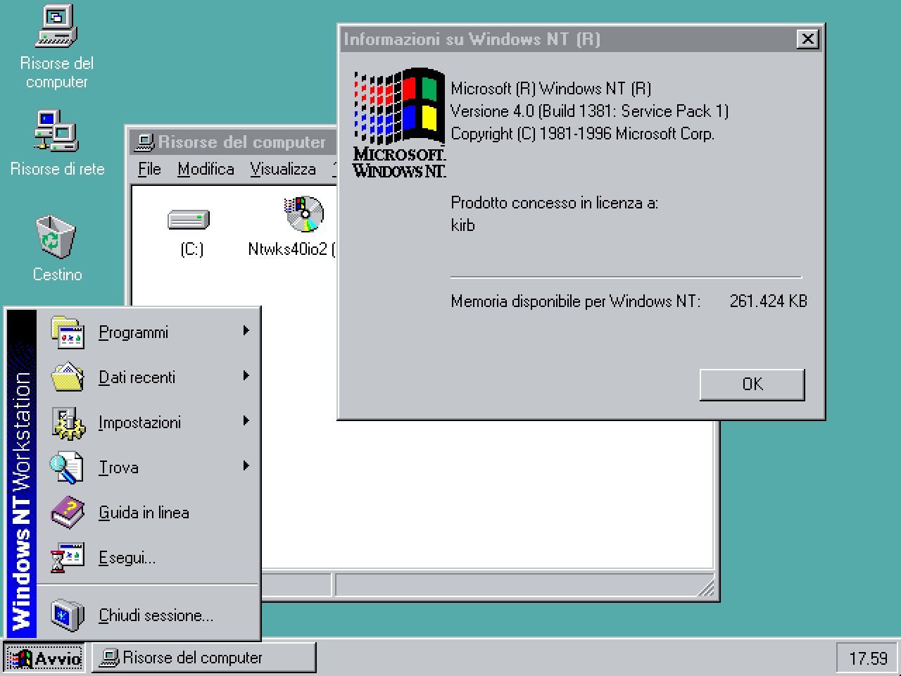 Screenshot of the Windows NT 4.0 Workstation desktop, Start menu, and About Windows dialog in Italian